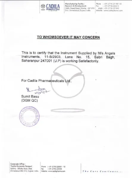 Cadila Pharmaceuticals Certificate